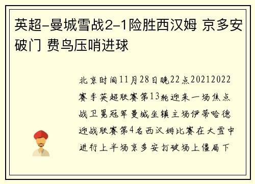 英超-曼城雪战2-1险胜西汉姆 京多安破门 费鸟压哨进球